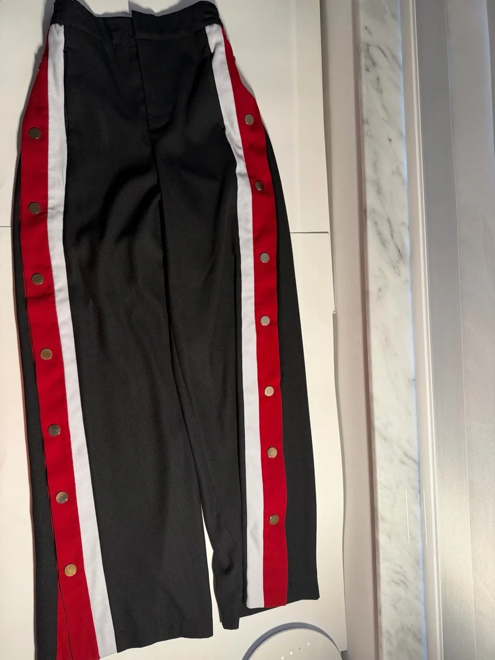 Women’s Black Wide-Leg Track Pants Red & White Snap Side Stripes